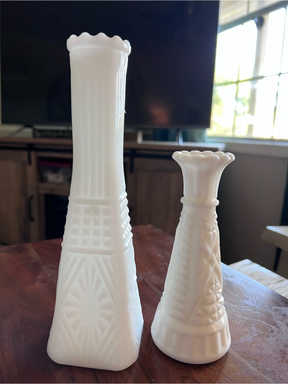 Vintage White Milk Glass Bud Vases Set of 2 Pressed Glass Scalloped Floral